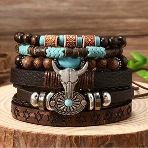 Boho Turquoise & Brown Leather Stackable Bracelet Set